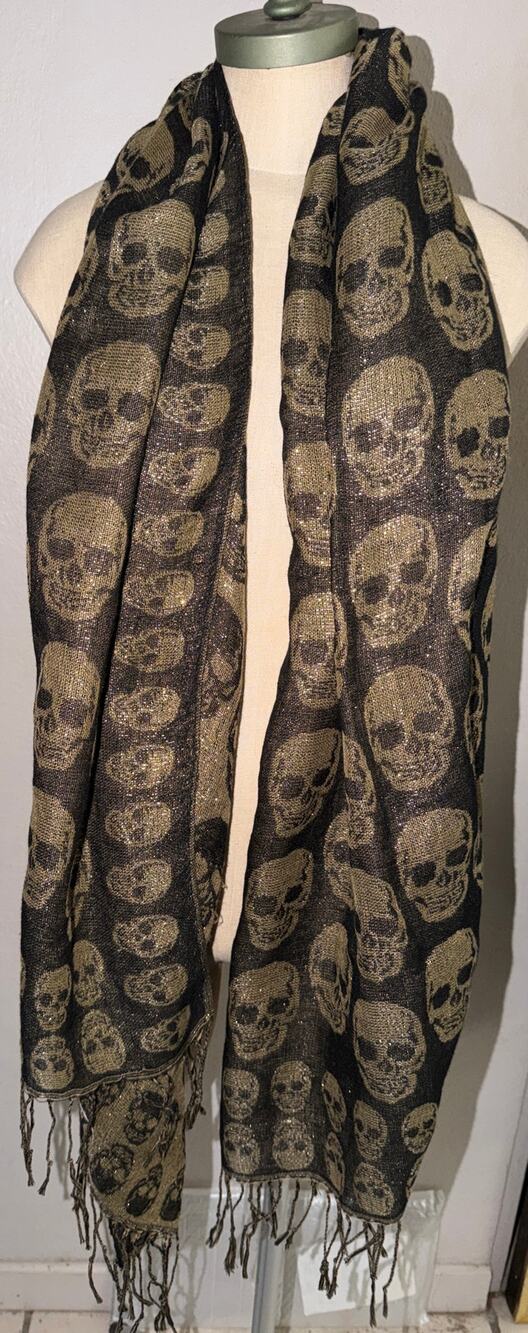 Atmosphere Black & Gold Skull Scarf Metallic Gothic Novelty Print